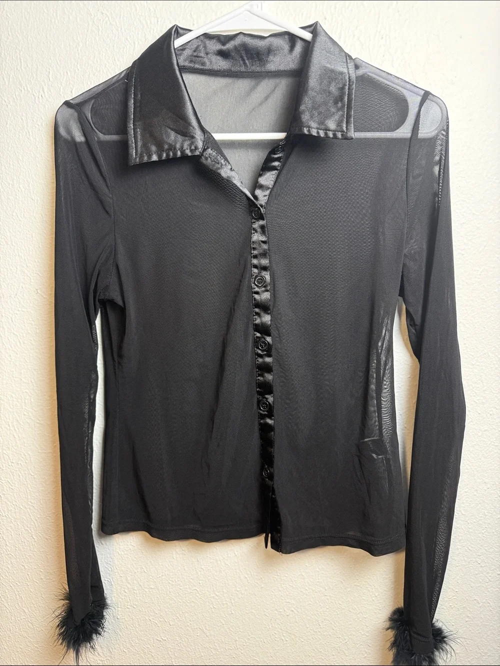 Black Sheer Satin-Trim Button-Up Jacket